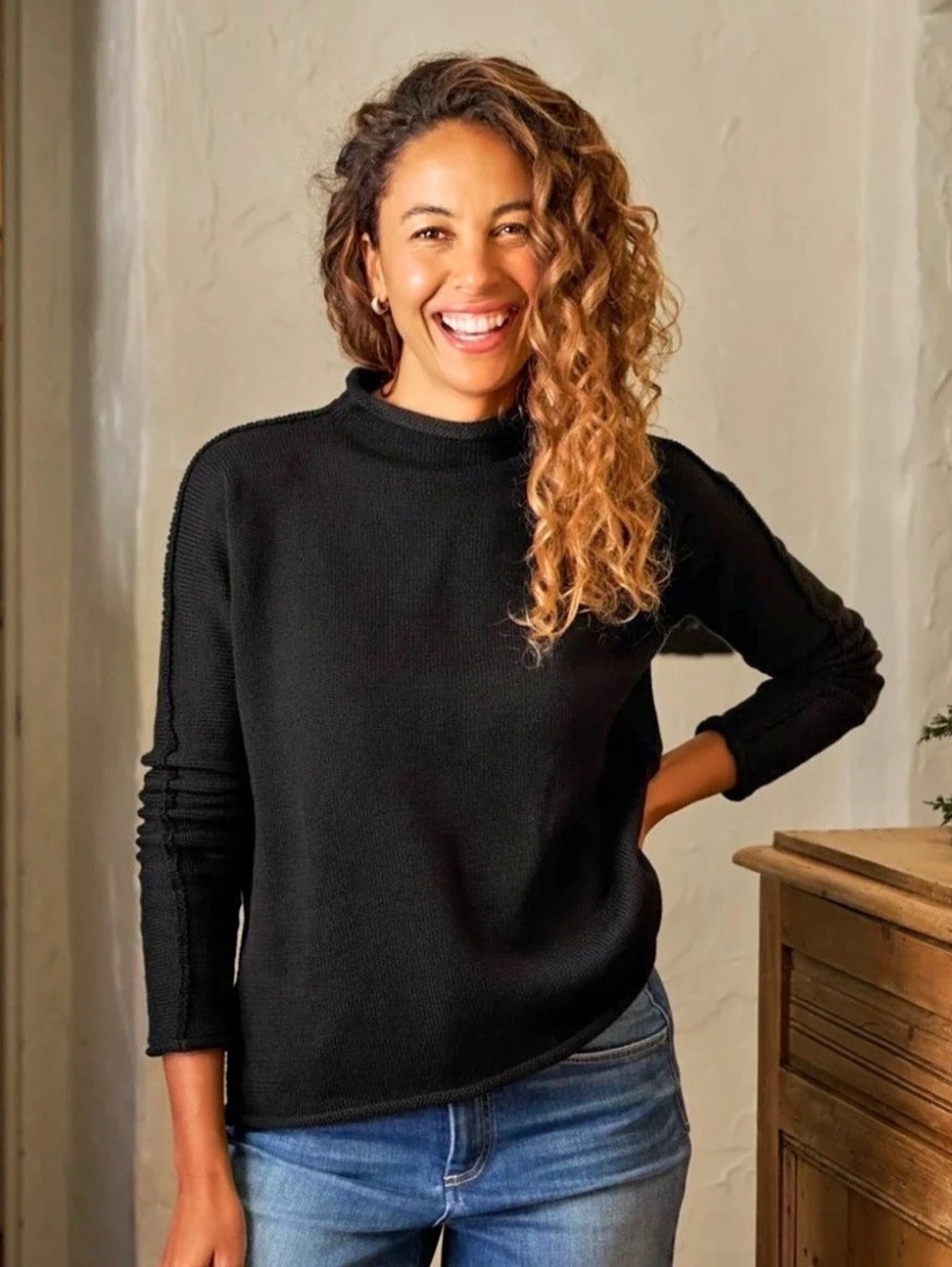 Frank & Eileen Monterey Roll Mock Neck Sweater Size S Preppy Black Cotton Luxury